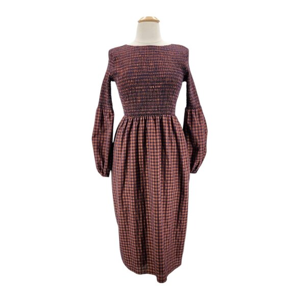 Pamela Love Womens Dress XL Midi Checker Brown Navy Blue Balloon Sleeve Boho
